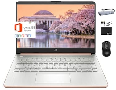 HP 2024 Premium 14 MicroEdge Portable Laptop Student Business Intel QuadCore N4120 4GB RAM 192GB 128GB eMMC 64GB Card WiFi Windows 11S 1 Year Office 365 MarxsolAccessory Rose Gold