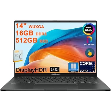 ASUS Zenbook 14 OLED Laptop 14 WUXGA Lumina OLED Touch 100 DCIP3 500nits HDR Intel 16core Ultra 7 255H Up to 13 Tops 16GB DDR5 512GB SSD Backlit Fingerprint Win11Pro wDLCA Accessory