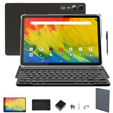 MSLSTM 2026 Latest 11 inch Tablet Gemini ai Android Tablets 18GB RAM 128GB ROM1TB TF Expand 2K Display T61623 MP Camera 5G WiFi4 Speakers Tablet with Keyboardcase PenGray
