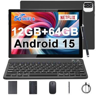 IWEGGO Android 15 Tablet 10 Inch 12GB RAM64GB ROM Tablets with Keyboard Mouse Case Stylus 18Ghz Quadcore Processor 8MP Camera 6000mAh Battery 1280800 IPS HD Touchscreen 5G WiFi6 Tablet Black
