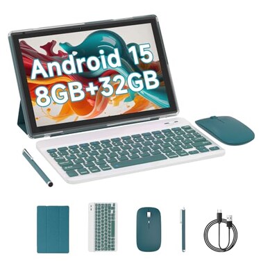 IWEGGO Android 15 Tablet 10 Inch 8GB RAM32GB ROM1TB Expand 18Ghz Quadcore Processor 2 in 1 Tablets with Keyboard Mouse Case Stylus 8MP Camera 6000mAh Battery 1280800 HD Screen 5G WiFi 6 Tablet PC