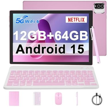 IWEGGO Android 15 Tablet 10 inch 12GB RAM64GB ROM 1TB Expansion 18Ghz Quadcore Processor 8MP Camera 6000mAh Battery 1280800 HD Touchscreen 2 in 1 Tablets with Keyboard Case Mouse Stylus Pink