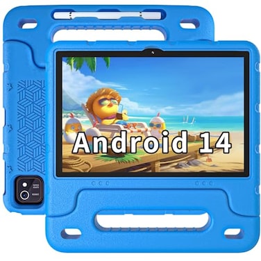 EDDBNi Kids Tablet Android 14 Tablet 10 inch Kids Tablets with Case Quad Core 64GB Dual Camera Parental Controls 24G WiFi Educational Tablets Blue