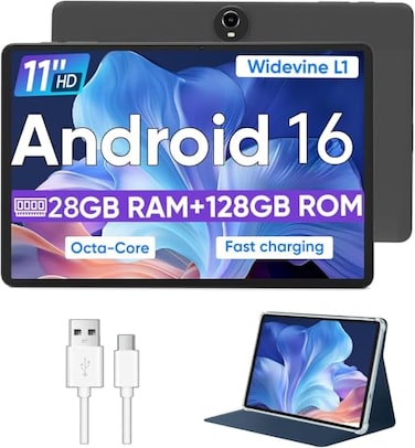 WXUNJA Android 16 Tablet11 Inch Tablets with Octa Core Processor 28GB RAM 128GB ROM 1TB Expand Widevine L1 8000mAh Battery 245Ghz Dual WiFiGPSFM 58MP Cameras Case Included Black