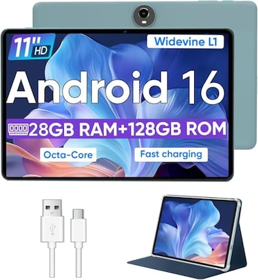 WXUNJA Android 16 Tablet11 Inch Tablets with Octa Core Processor 28GB RAM 128GB ROM 1TB Expand Widevine L1 8000mAh Battery 245Ghz Dual WiFiGPSFM 58MP Cameras Case Included Blue