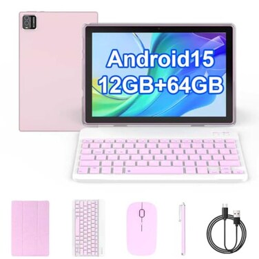 COOPERS Tablet Android 15 10 inch Tablet 12GB RAM64GB ROM Max 1TB 18Ghz Quadcore Processor 5G WiFi6 6000mAh Battery Dual Camera 2 in 1 Tablets with Keyboard Case Mouse Stylus Widevine L1 Pink