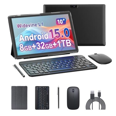 ATOZEE 10 inch Tablet 2 in 1 Android 15 Tablets with Keyboard 10 Tabletas Include Mouse Keyboard Stylus Case 6000mAh 8GB RAM 32GB ROM Support 1TB Expandable Tableta Dual Camera 5G WiFi6 Bluetooth Tabl