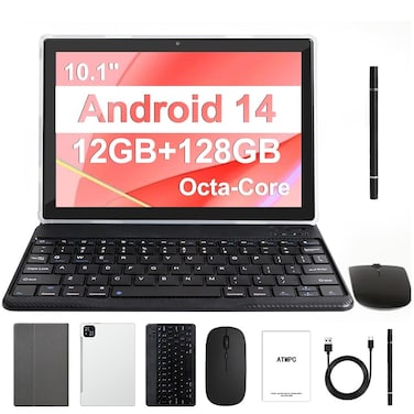 ATMPC Tablet 10 Inch Android 14 Tablets 12GB 48 Expand RAM 128GB ROM 1TB Expandable OctaCore Tablet with Keyboard Mouse Stylus 1280 800 IPS 6000mAh Battery WiFi 6BT 54 Dual Camera