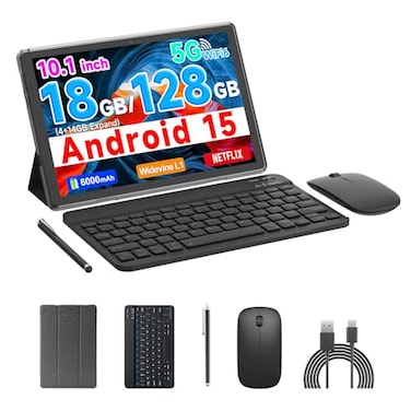 COOPERS Tablet Android 15 10 inch Tablet 18GB RAM128GB ROM 2TB Expandable 20Ghz Quadcore Processor 5G WiFi6 BT50 Dual Cameras 2 in 1 Tablets with Keyboard Case Mouse Stylus Widevine L1 Black