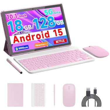 COOPERS Tablet Android 15 10 inch Tablet 18GB RAM128GB ROM 2TB Expandable 20Ghz Quadcore Processor 5G WiFi6 BT 50 Dual Cameras 2 in 1 Tablets with Keyboard Case Mouse Stylus Widevine L1 Pink