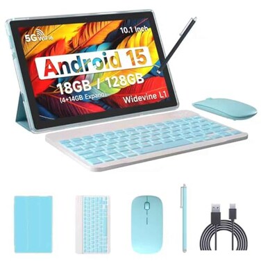 IWEGGO Android 15 Tablet 10 Inch 18GB RAM128GB ROM 2TB Expandable Tablet 20GHz Quadcore Processor 1280800 HD Touch Screen 5G WiFi6 BT 50 2 in 1 Tablets with Keyboard Case Mouse Stylus Blue
