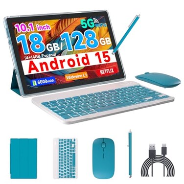 COOPERS Tablet Android 15 10 inch Tablet 18GB RAM128GB ROM 2TB Expandable 20Ghz Quadcore Processor 5G WiFi6 BT 50 Dual Cameras 2 in 1 Tablets with Keyboard Case Mouse Stylus Widevine L1 Blue