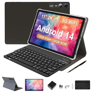 FESABOLE 2026 Latest 11 inch Android Tablet 18GB RAM 128GB ROM 1TB Expand 2K Display T616 OctaCore 5G WiFi 13MP5MP5MP Camera GPS 9000mAh Tablet with KeyboardCasePen Quad Speakers