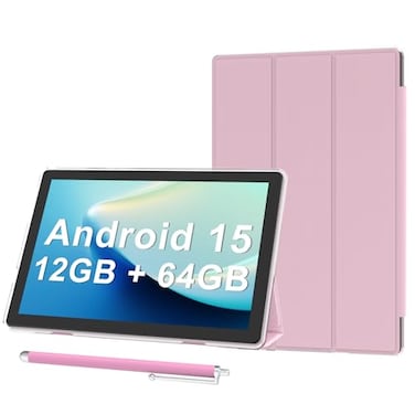 HDTABLET Android 15 Tablet 10 inch Tablets with Case 12GB RAM 64GB ROM Expand to 1TB Quad Core Processor Tablets 5G WiFi 6 BT50 1280x800 HD Screen 6000mAh Dual Camera GMS Widevine L1 Pink
