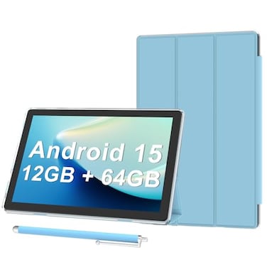HDTABLET Android 15 Tablet 10 inch Tablets with Case 12GB RAM 64GB ROM Expand to 1TB Quad Core Processor Tablets 5G WiFi 6 BT50 1280x800 HD Screen 6000mAh Dual Camera GMS Widevine L1 Blue