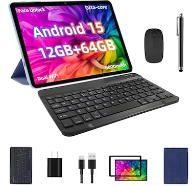 TUOHAITIME Android 15 Tablet 12GB64GB1TB Expand 10inch Tablet Bundle with Keyboard Case Stylus Pen Octacore CPU Dual Camera WiFi6 6000mAh Battery18W Fast Charge Support Face UnlockBlue
