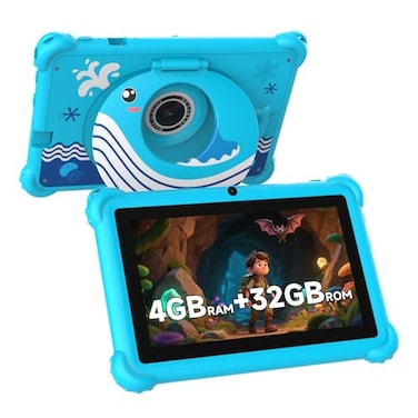 Aheadthink 7inch Kids Tablet for Toddlers Android 12 4GB RAM 32GB ROM WiFi Bluetooth Safe Eye Protection IPS Screen Parental Controls Dual Camera Transparent Case for Education Gaming Blue