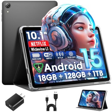Raemond Android 15 Tablet 10 Inch with Case 18GB RAM 128GB ROM 1280 x 800 IPS HD Widevine L1 OctaCore 1TB Expandable WiFi 6 BT54 Dual Camera 5MP8MP 6000mAh GPS Dual Speakers