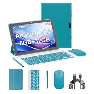 YQSAVIOR Android 15 Tablet10 inch Tablets 8GB RAM32GB ROM2TB Expandable 2 in 1 Tablets with Keyboard Case 1280x800 IPS Display Screen 5G WiFi6 Dual Camera 6000mAh Battery BT5 Widevine L1 Green
