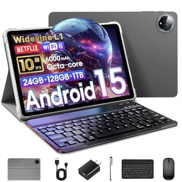 Raemond 10 Inch Tablet Android 15 with Keyboard 24GB RAM 128GB ROM 1TB Expand T615 OctaCore 1280x800 IPS HD Display 5MP8MP Dual Camera 6000mAh Mouse Widevine L1 GPS