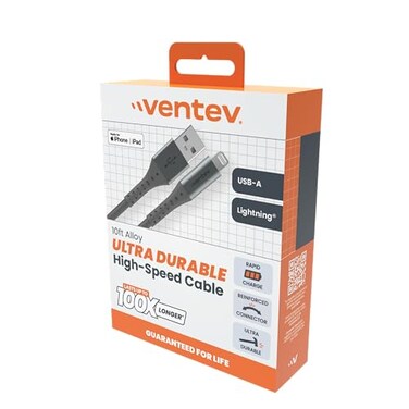 Ventev ChargeSync Apple Lightning Cable Rapid Charging to 24A12W at Max Rates Mfi Brushed Aluminum Housing NoFray Durability Designed for Cases 10Ft Grey