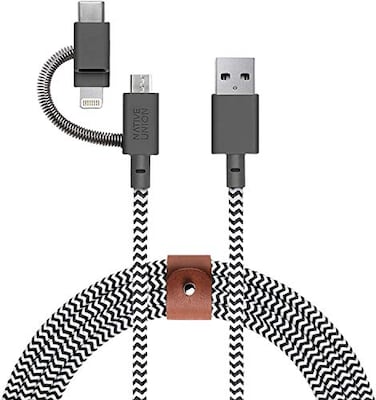 Native Union Belt Cable Universal 65ft UltraStrong Reinforced MFi Durable Charging Cable with 3in1 Adaptor for Lightning USBC and MicroUSB Devices Zebra