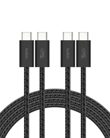 Belkin USB C to USB C Cable 2Pack 66ft 240W USBC to USBC Cable iPhone Charger Cord Soft Braided Flexible for iPhone 17 Galaxy S25 Pixel 10 MacBook Chromebook iPad Pro Switch Black