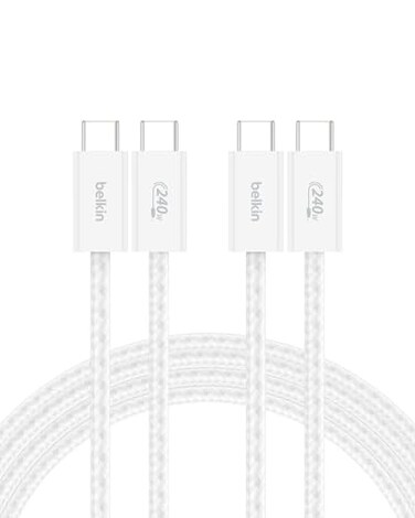 Belkin USB C to USB C Cable 2Pack 66ft 240W USBC to USBC Cable iPhone Charger Cord Soft Braided Flexible for iPhone 17 Galaxy S25 Pixel 10 MacBook Chromebook iPad Pro Switch White