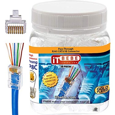 itbebe.com ITBEBE Gold Plated RJ45 Cat5 Cat5e 8P8C 50 Pieces Pass Through 3 Micron 3u 3 Prong Premium Connectors
