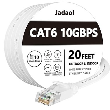Jadaol Cat 6 Ethernet Cable 20 ft 10Gbps Support Cat8 Cat7 Network Flat RJ45 LAN Patch Cable HighSpeed Wired Internet Cable for Router Modem Switch Gaming Consoles PC Streaming Devices White
