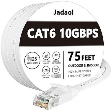 Jadaol Cat 6 Ethernet Cable 75 ft 10Gbps Support Cat8 Cat7 Network Flat RJ45 LAN Patch Cable HighSpeed Wired Internet Cable for Router Modem Switch Gaming Consoles PC Streaming Devices White