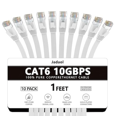 Jadaol Cat 6 Ethernet Cable 1ft 10Pack 10Gbps Support Cat8 Cat7 Network Flat High Speed LAN Internet Patch Cables Short Ethernet Cables for Router Modem Switch PC Laptop Gaming Console White