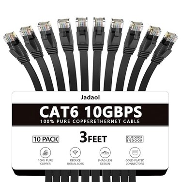 Jadaol Cat 6 Ethernet Cable 3ft 10Pack 10Gbps Support Cat8 Cat7 Network Flat High Speed LAN Internet Patch Cables Short Ethernet Cables for Router Modem Switch PC Laptop Gaming Console Black