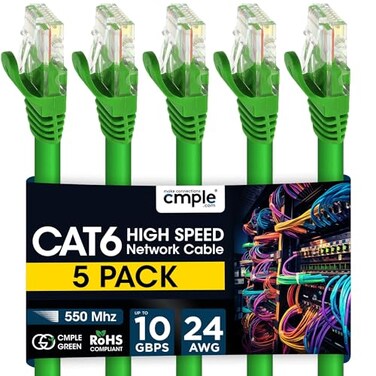Cmple 5 Pack Cat6 Ethernet Cable 15 ft High Speed Cat6 Internet Network Cord Ethernet Patch Cables Computer LAN Wire with Snagless RJ45 Connectors Green