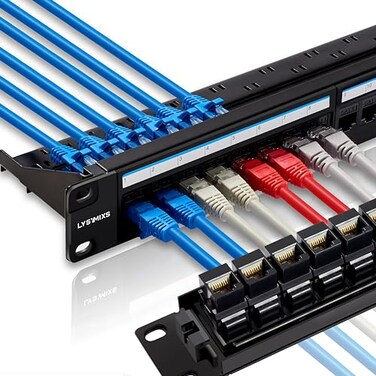 Lysymixs 24 Port RJ45 Patch Panel Cat6 Feed Through Coupler Network Panel 19 Inch Inline Keystone Ethernet Patch Panel with Back Bar