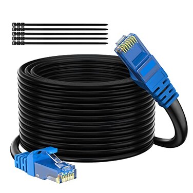 Adoreen Cat 6 Outdoor Ethernet Cable 250 Ft Black High Speed Heavy Duty Long Internet Network Cable for POE Camera Cat 5 5e RJ45 LAN Patch Cable Cord Sturdy Waterproof Direct Burial25 Ties
