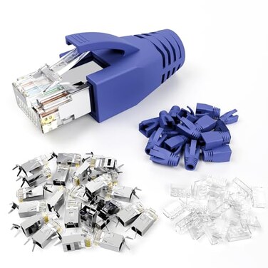 VCE 30Pack RJ45 Connectors CAT7CAT6A NonPassThru Shielded Modular Plugs for Thick Cable 3Prong Gold Plated Ethernet Ends with Strain Relief Boots Blue