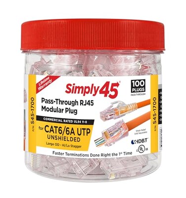 Simply45 Unshielded PassThrough RJ45 Modular Plugs for 23AWG Solid Cat66a UTP Solid Red Tinted 3 Prong Pin Design HiLo Stagger 100 PieceJar S451700
