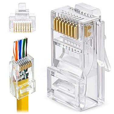 GTZ RJ45 Cat6 Pass Through Connectors Pack of 100 Clear Ethernet Plugs for Unshielded Twisted Pair Solid Wire Standard Cables Compatible with PC Server Router