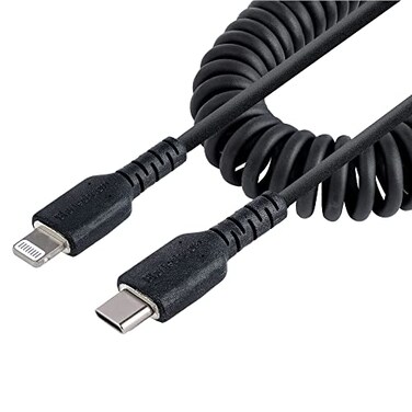 StarTech.com StarTechcom 1m 3ft USB C to Lightning Cable MFi Coiled iPhone Charger Cable Black Durable TPE Jacket Aramid Fiber Heavy Duty Coil Lightning Cable RUSB2CLT1MBC