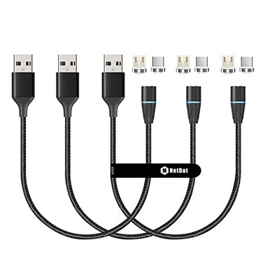 N. NETDOT N NETDOT Magnetic Charging Cable2in1 Gen12 1ft3 Pack Black 18W Fast Charging and Data Transfer Magnetic Charger for USBC and MicroUSB Phones