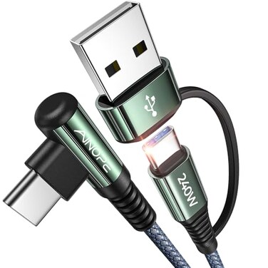 AINOPE 10 FT USB C Cable Fast Charging 240W USBC Charge Cable with Adapter Fast Charger USB C Cable Supports 100W Right Angle USB C Fit MacBook ProAir iPad ProAir iPhone 171615 10FT Grey