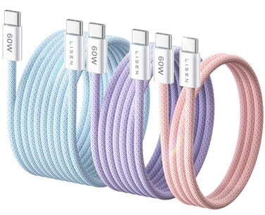 LISEN USB C Cable 3Pack 336610FT USBC to USBC Cable for iPhone 16e 15 Pro Max Charger Cord 60W 31A C to C Cable Fast Charging for Samsung S25S2423 Switch 2 iPad MacBook
