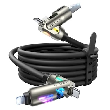 LISEN Chubby 4 in 1 Charging Cable 66FT with Light 240W Fast Charging Cable USB AC to CLightning Multi Charging Cable for iPhone 16 15 14 13 12 Pro Max MacBook iPad Samsung Black