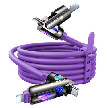 LISEN 240W Chubby USB C to USB C 4 in 1 Charging Cable 66FT with Light USB AC to CL Multi Charging Cable for iPhone 16 15 14 Pro MaxMacBookiPad ProSamSungS24Purple