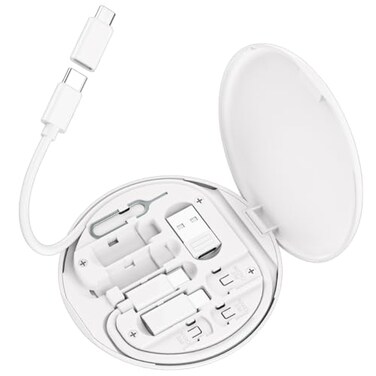 Azvegr Multi USB Charging Adapter Cable Kit C to iOS Device Cable Box Conversion Set USB A Type C to Male MicroType CiOS Device Data Transfer Card Storage Tray Eject Pin Phone Holder White