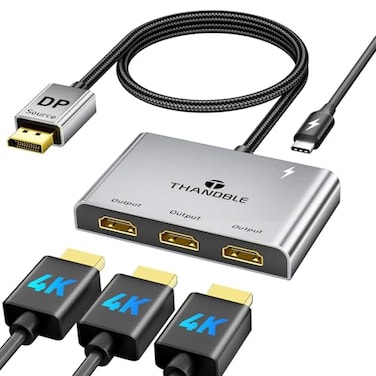 THANDBLE DisplayPort to HDMI Splitter for Multi Monitor Adapter HDMI Splitter Extended Display 1 in 3 Out MST Hub 4K60Hz for Extended or Cloned Display Mode DP to 3X HDMI Port with PC NVIDIA AMD