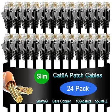 Lysymixs Cat6a Slim Ethernet Patch Cable 1 ft 24 Pack Cat6a Patch Cable for Data Centers Cat 6 Cable 10G Network Patch Cables for Home and Enterprise Network Black