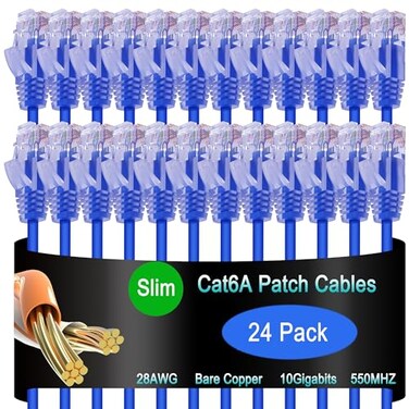 Lysymixs Cat6a Slim Ethernet Patch Cable 1 ft 24 Pack Cat6a Patch Cable for Data Centers Cat 6 Cable 10G Network Patch Cables for Home and Enterprise Network Blue