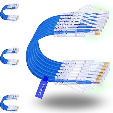 Rapink Patch Cables Cat6 Cat6a 1ft 24 Pack Slim Cat6a Ethernet Patch Cable 10G Support Snagless Cat 6 Patch Cable for Patch Panel to Switch Flexiable Cat6 Ethernet Cable Blue